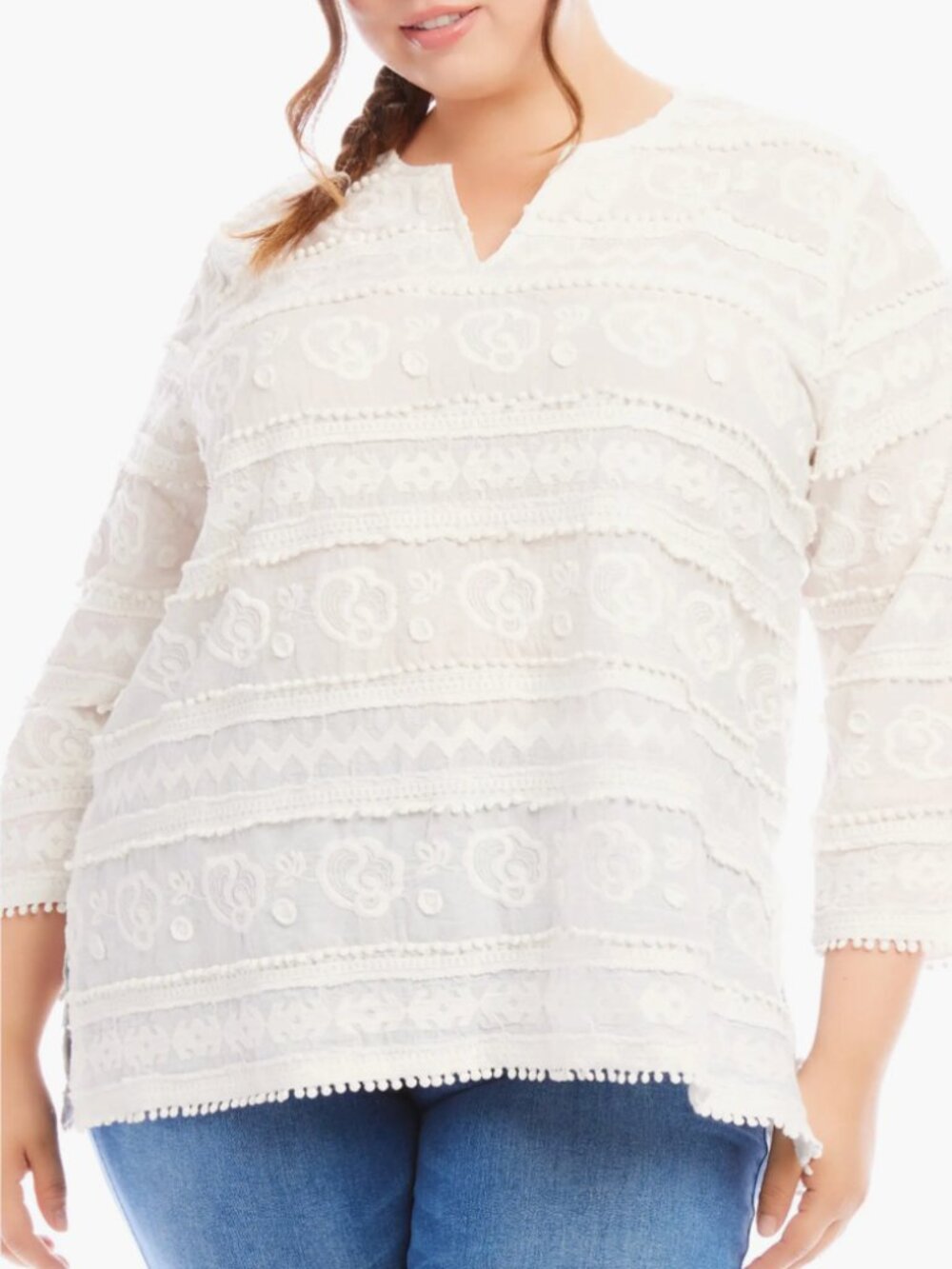 Karen Kane Coastal Boho Off White Cotton Pom Pom Textured Peasant Tunic Size L
